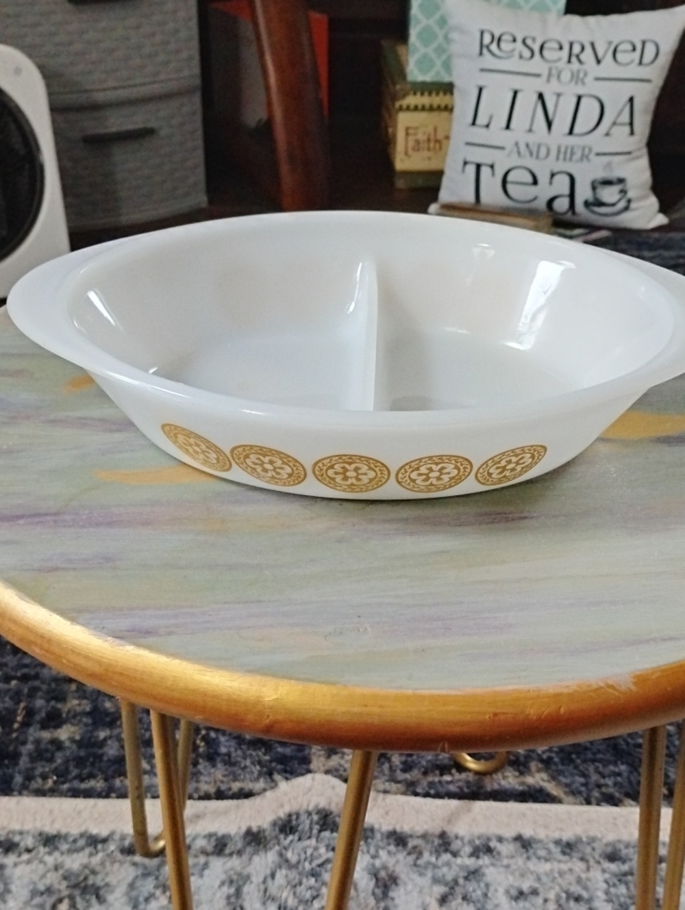 Glasbake USA White Divided Serving Bowl with Gold Medallion Accent